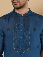 MULTI SHADES Men's Blue Straight Viscose Silk Kurta With Embroidered Neckline And Motifs,Off White Solid Trouser Style Churidar | Grocsy