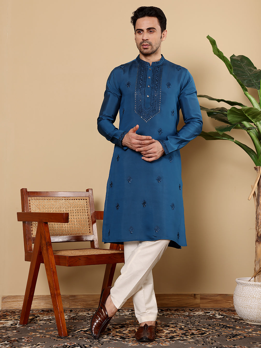 MULTI SHADES Men's Blue Straight Viscose Silk Kurta With Embroidered Neckline And Motifs,Off White Solid Trouser Style Churidar | Grocsy
