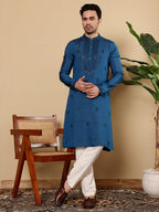 MULTI SHADES Men's Long Sleeve Mandarin Collar Blue Straight Viscose Silk Kurta With Embroidered Neckline And Motifs | Grocsy