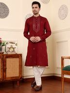 MULTI SHADES Men's Dark Red Straight Viscose Silk Kurta With Embroidered Neckline And Motifs,Off White Solid Trouser Style Churidar | Grocsy