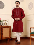 MULTI SHADES Men's Long Sleeve Mandarin Collar Dark Red Straight Viscose Silk Kurta With Embroidered Neckline And Motifs | Grocsy