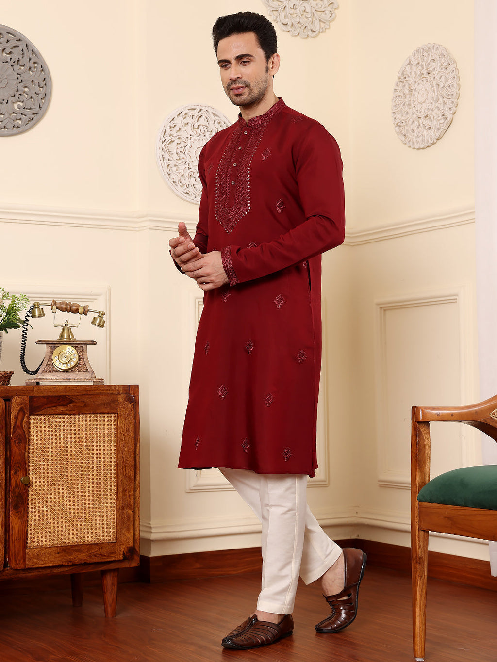 MULTI SHADES Men's Dark Red Straight Viscose Silk Kurta With Embroidered Neckline And Motifs,Off White Solid Trouser Style Churidar | Grocsy