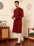 MULTI SHADES Men's Long Sleeve Mandarin Collar Dark Red Straight Viscose Silk Kurta With Embroidered Neckline And Motifs | Grocsy