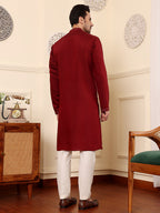 MULTI SHADES Men's Dark Red Straight Viscose Silk Kurta With Embroidered Neckline And Motifs,Off White Solid Trouser Style Churidar | Grocsy