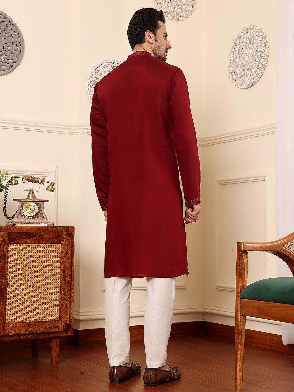 MULTI SHADES Men's Long Sleeve Mandarin Collar Dark Red Straight Viscose Silk Kurta With Embroidered Neckline And Motifs | Grocsy