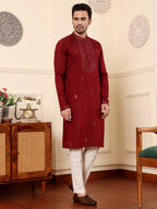 MULTI SHADES Men's Long Sleeve Mandarin Collar Dark Red Straight Viscose Silk Kurta With Embroidered Neckline And Motifs | Grocsy