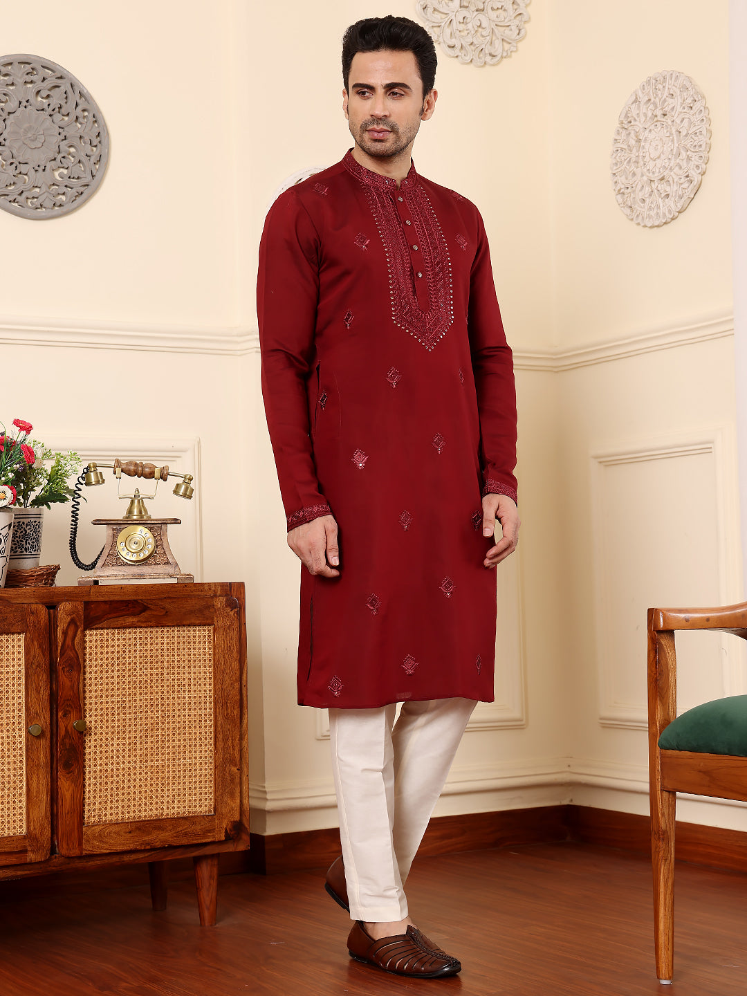 MULTI SHADES Men's Long Sleeve Mandarin Collar Dark Red Straight Viscose Silk Kurta With Embroidered Neckline And Motifs | Grocsy