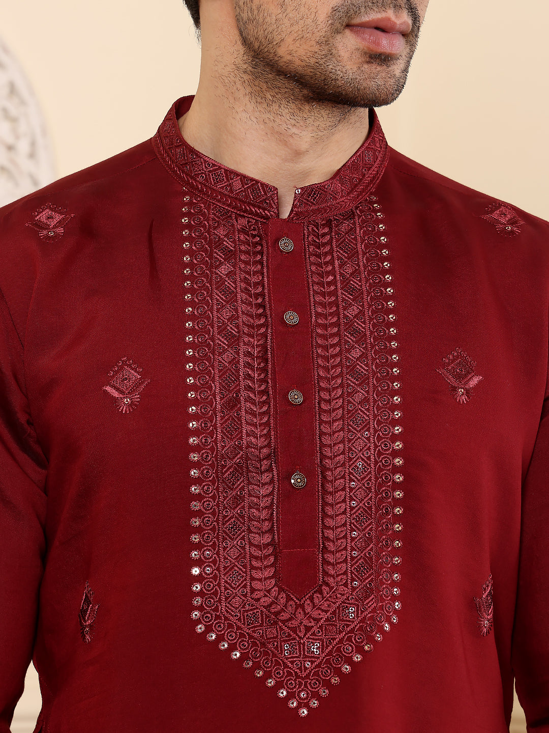 MULTI SHADES Men's Dark Red Straight Viscose Silk Kurta With Embroidered Neckline And Motifs,Off White Solid Trouser Style Churidar | Grocsy