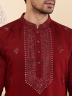 MULTI SHADES Men's Long Sleeve Mandarin Collar Dark Red Straight Viscose Silk Kurta With Embroidered Neckline And Motifs | Grocsy