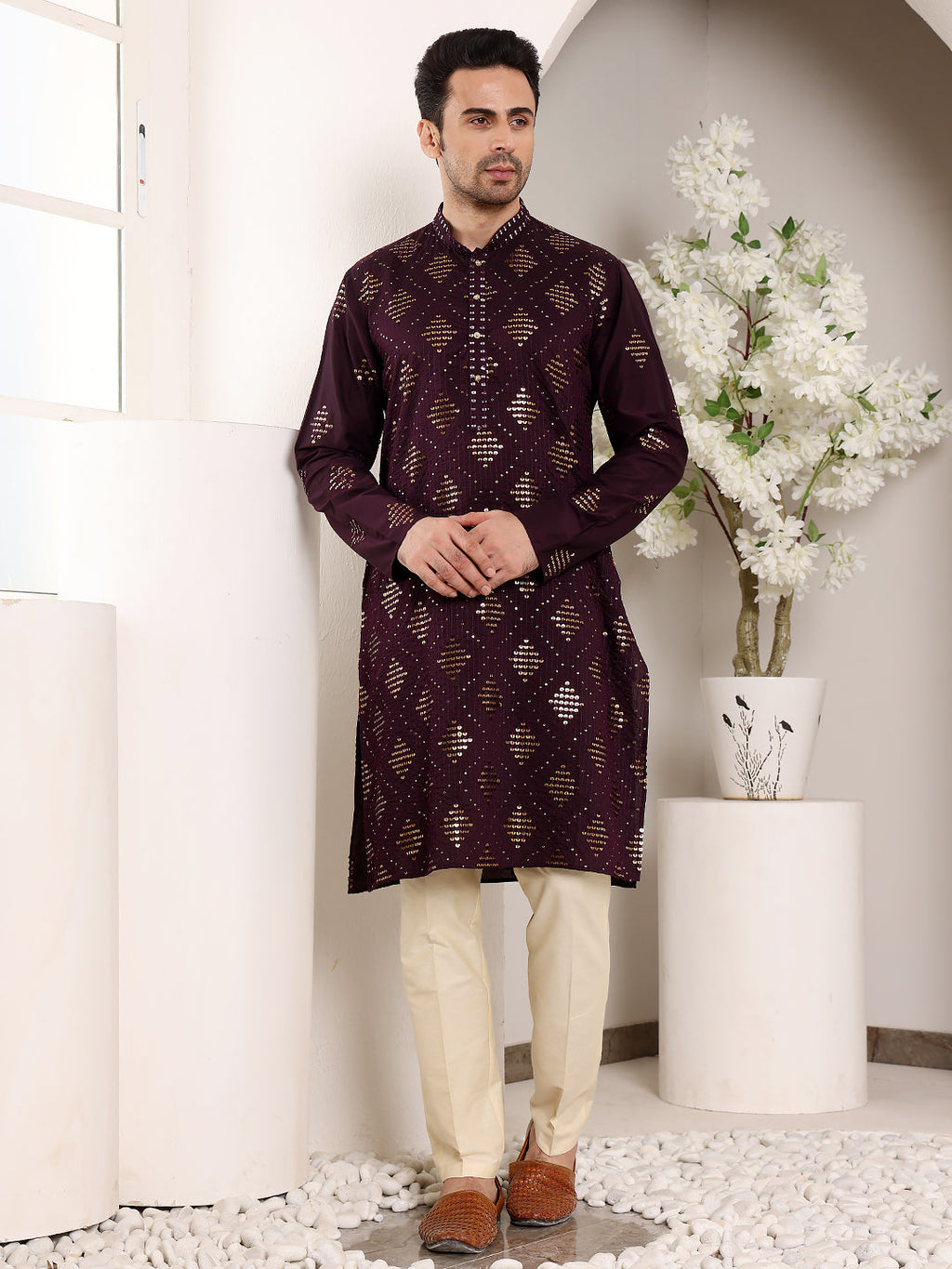 MULTI SHADES Men's Elegant Purple Straight Viscose Kurta With Embroidery,Cream Solid Trouser Style Churidar | Grocsy