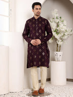 MULTI SHADES Men's Elegant Purple Straight Viscose Kurta With Embroidery,Cream Solid Trouser Style Churidar | Grocsy