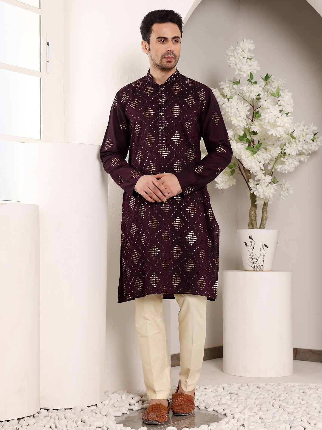 MULTI SHADES Men's Long Sleeve Mandarin Collar Elegant Purple Straight Viscose Kurta With Embroidery | Grocsy