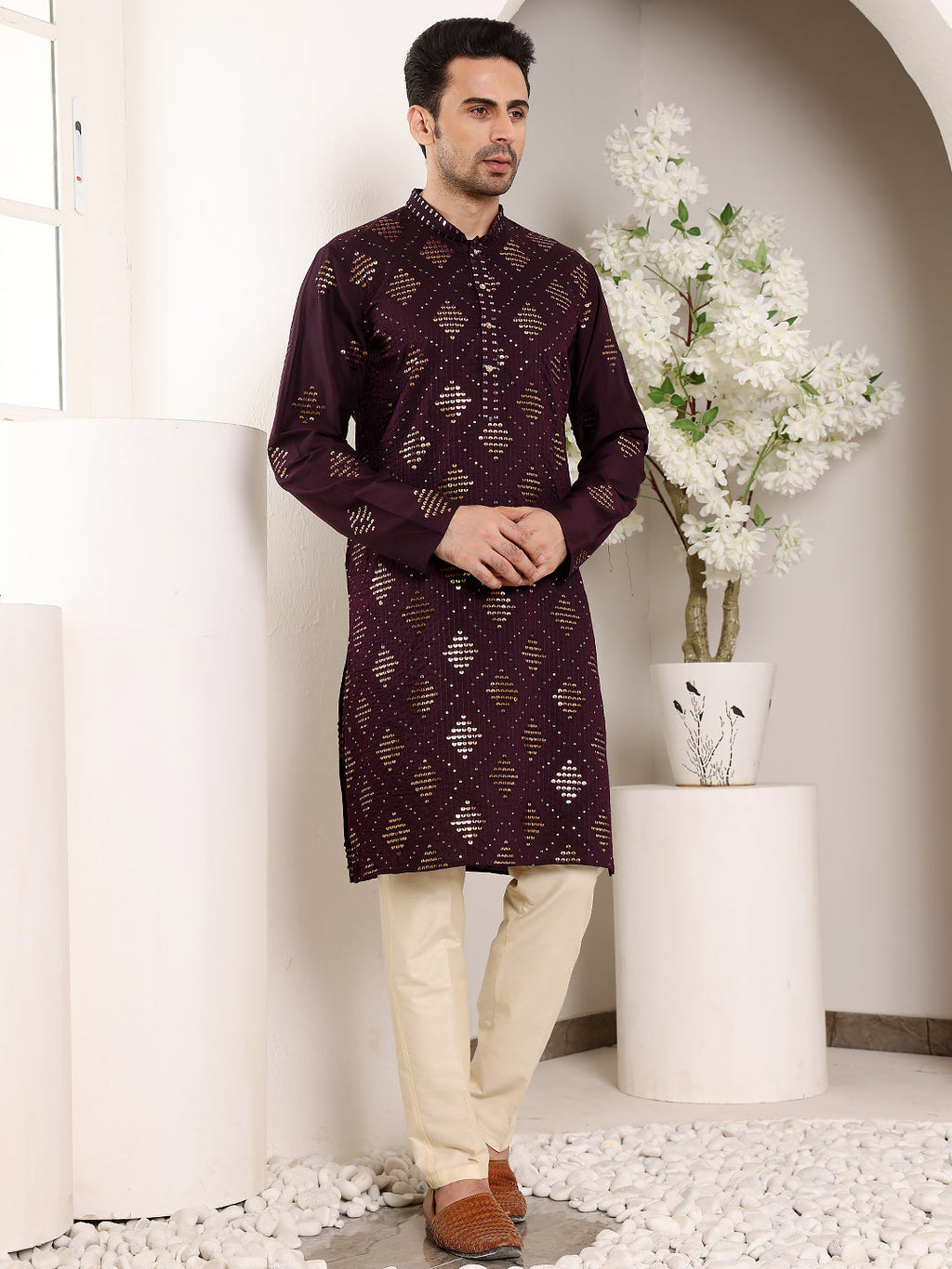 MULTI SHADES Men's Elegant Purple Straight Viscose Kurta With Embroidery,Cream Solid Trouser Style Churidar | Grocsy