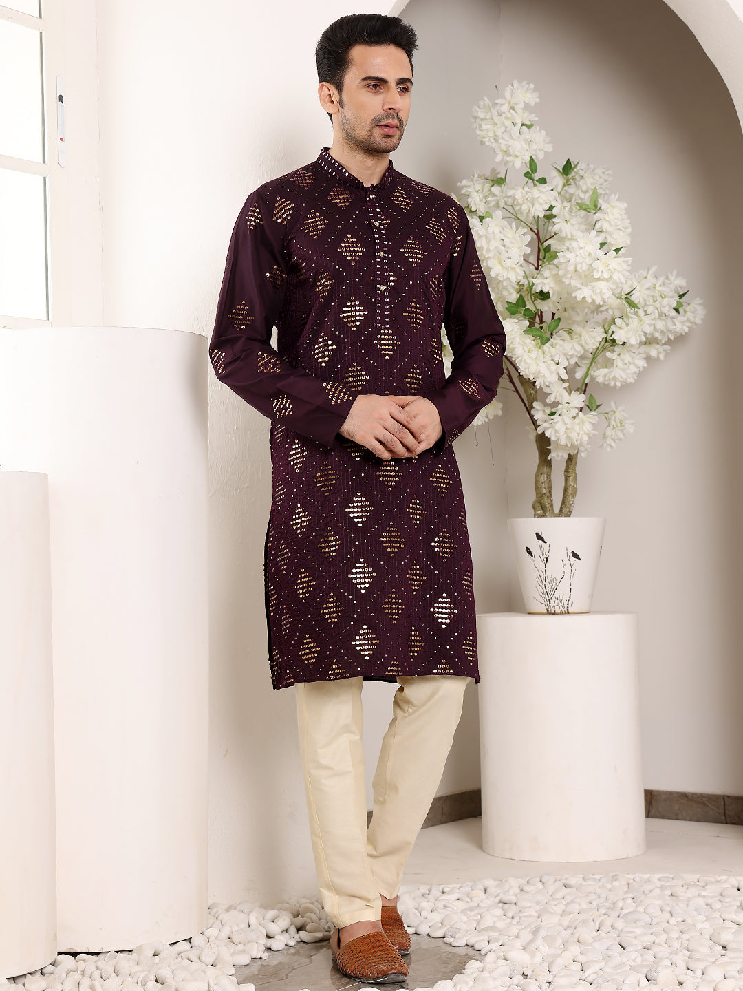 MULTI SHADES Men's Elegant Purple Straight Viscose Kurta With Embroidery,Cream Solid Trouser Style Churidar | Grocsy