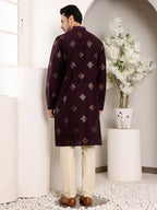 MULTI SHADES Men's Elegant Purple Straight Viscose Kurta With Embroidery,Cream Solid Trouser Style Churidar | Grocsy