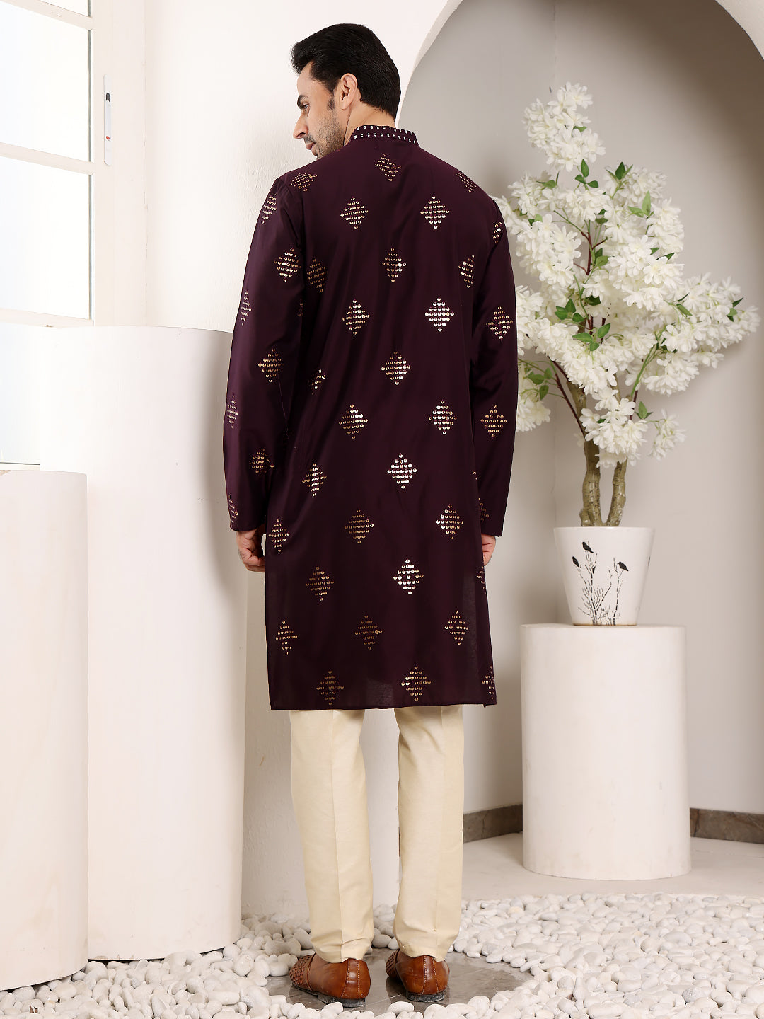 MULTI SHADES Men's Elegant Purple Straight Viscose Kurta With Embroidery,Cream Solid Trouser Style Churidar | Grocsy