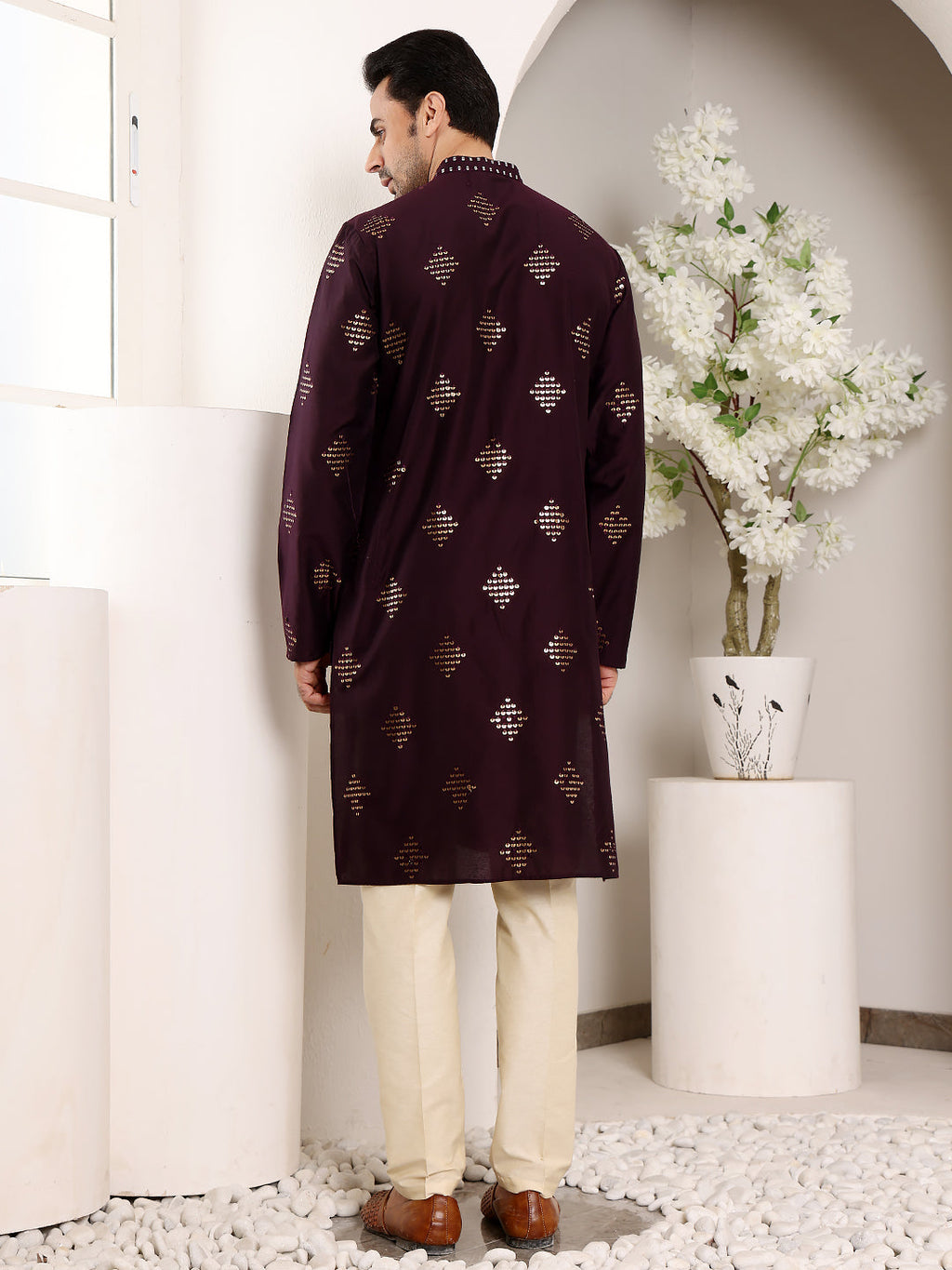 MULTI SHADES Men's Long Sleeve Mandarin Collar Elegant Purple Straight Viscose Kurta With Embroidery | Grocsy