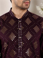 MULTI SHADES Men's Elegant Purple Straight Viscose Kurta With Embroidery,Cream Solid Trouser Style Churidar | Grocsy