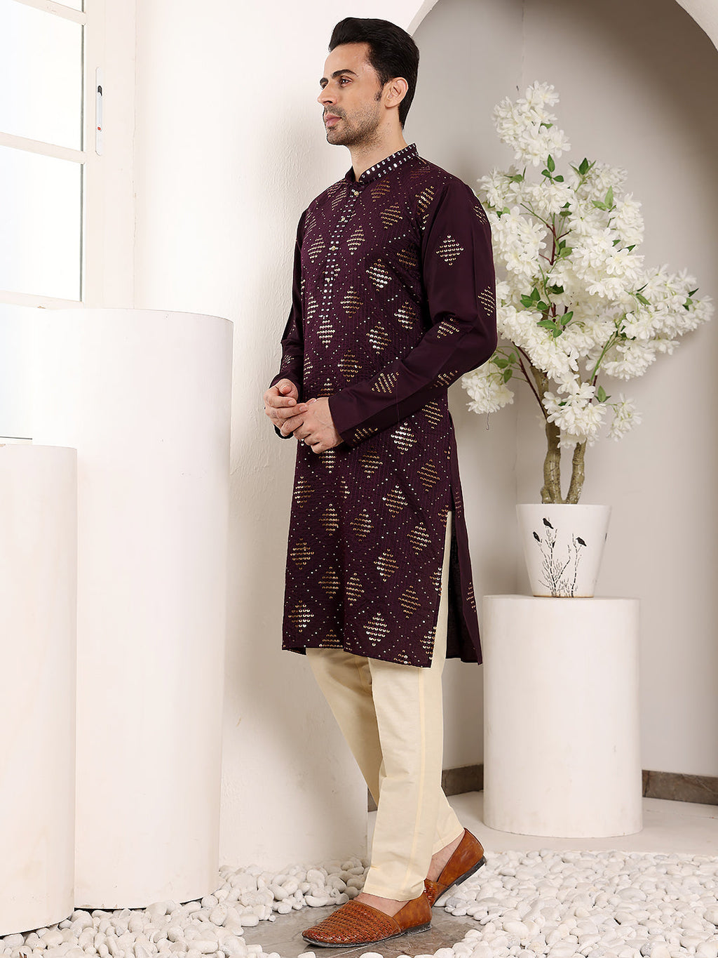 MULTI SHADES Men's Elegant Purple Straight Viscose Kurta With Embroidery,Cream Solid Trouser Style Churidar | Grocsy