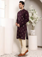 MULTI SHADES Men's Long Sleeve Mandarin Collar Elegant Purple Straight Viscose Kurta With Embroidery | Grocsy
