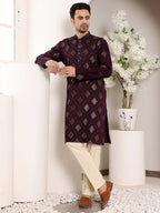 MULTI SHADES Men's Elegant Purple Straight Viscose Kurta With Embroidery,Cream Solid Trouser Style Churidar | Grocsy