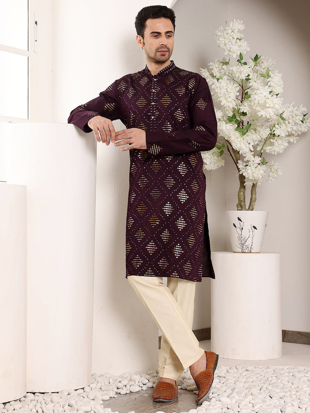 MULTI SHADES Men's Long Sleeve Mandarin Collar Elegant Purple Straight Viscose Kurta With Embroidery | Grocsy