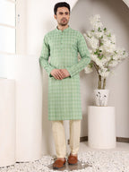 MULTI SHADES Men's Elegant Printed Sea Green Straight Cotton Kurta,Cream Solid Trouser Style Churidar | Grocsy
