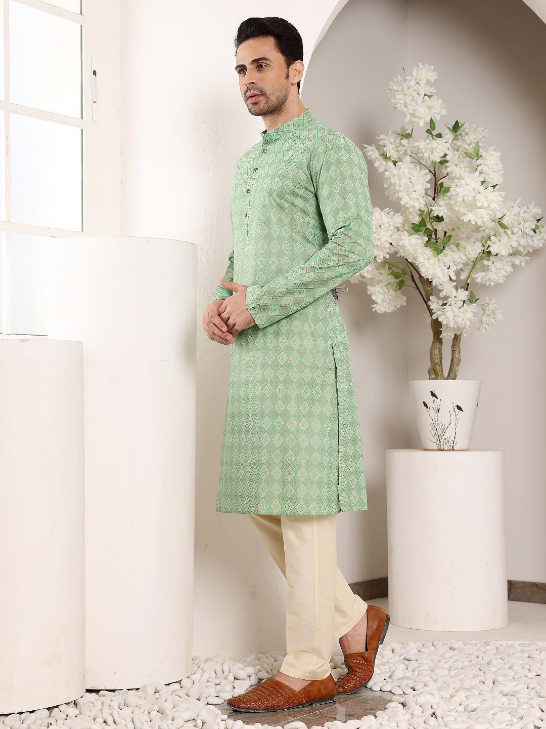 MULTI SHADES Men's Elegant Printed Sea Green Straight Cotton Kurta,Cream Solid Trouser Style Churidar | Grocsy