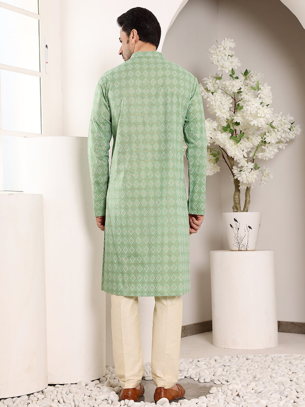 MULTI SHADES Men's Elegant Printed Sea Green Straight Cotton Kurta,Cream Solid Trouser Style Churidar | Grocsy