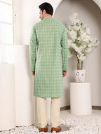 MULTI SHADES Men's Elegant Printed Sea Green Straight Cotton Kurta,Cream Solid Trouser Style Churidar | Grocsy