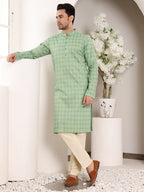 MULTI SHADES Men's Elegant Printed Sea Green Straight Cotton Kurta,Cream Solid Trouser Style Churidar | Grocsy