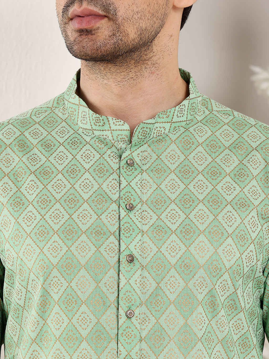 MULTI SHADES Men's Elegant Printed Sea Green Straight Cotton Kurta,Cream Solid Trouser Style Churidar | Grocsy