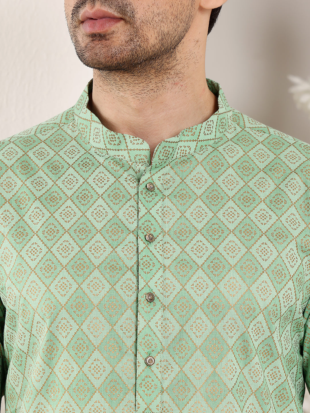 MULTI SHADES Men's Long Sleeve Mandarin Collar Elegant Printed Sea Green Straight Cotton Kurta | Grocsy