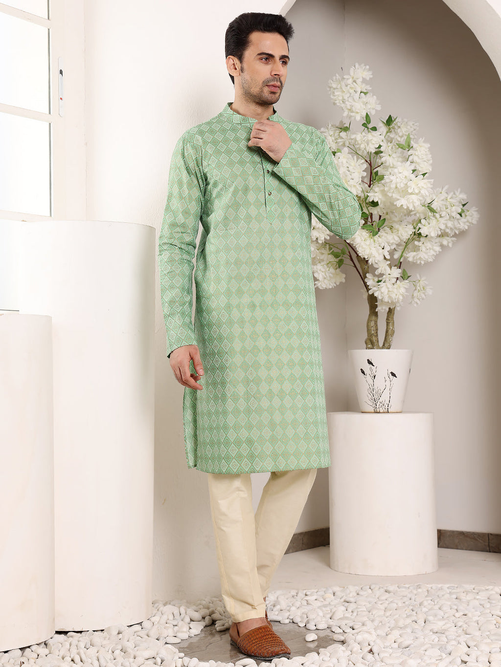 MULTI SHADES Men's Elegant Printed Sea Green Straight Cotton Kurta,Cream Solid Trouser Style Churidar | Grocsy