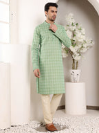 MULTI SHADES Men's Elegant Printed Sea Green Straight Cotton Kurta,Cream Solid Trouser Style Churidar | Grocsy