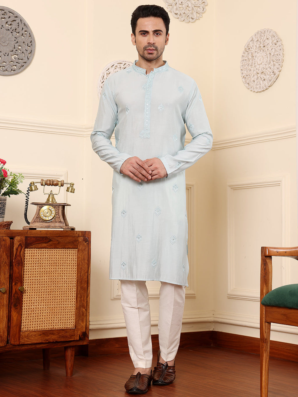 MULTI SHADES Men's Long Sleeve Light Blue Straight Viscose Silk Kurta With Embroidered Neckline Motifs And White Solid Churidar | Grocsy