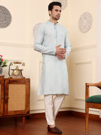 MULTI SHADES Men's Long Sleeve Light Blue Straight Viscose Silk Kurta With Embroidered Neckline Motifs And White Solid Churidar | Grocsy
