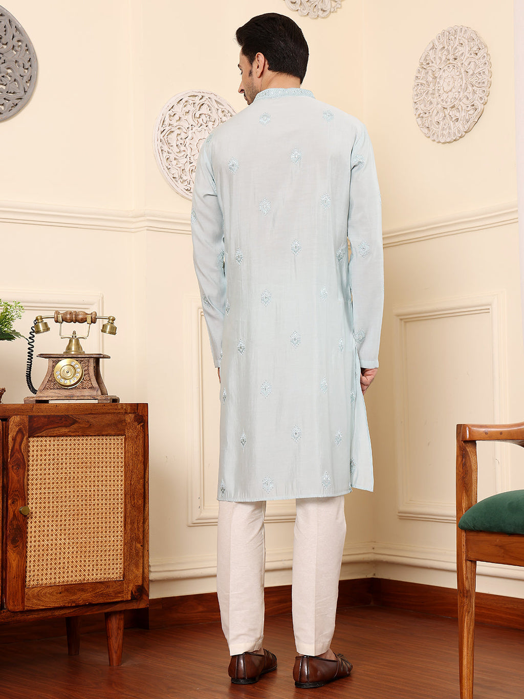 MULTI SHADES Men's Long Sleeve Light Blue Straight Viscose Silk Kurta With Embroidered Neckline Motifs And White Solid Churidar | Grocsy