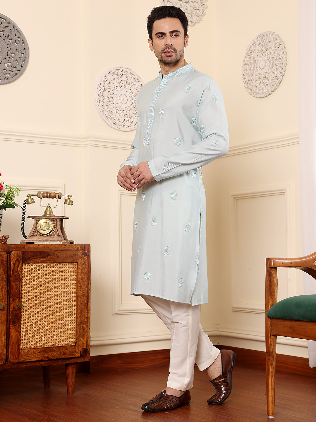 MULTI SHADES Men's Long Sleeve Light Blue Straight Viscose Silk Kurta With Embroidered Neckline Motifs And White Solid Churidar | Grocsy