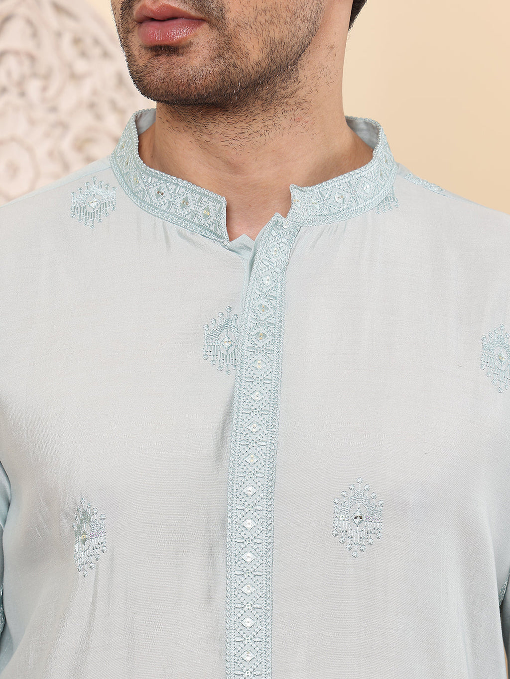 MULTI SHADES Men's Long Sleeve Light Blue Straight Viscose Silk Kurta With Embroidered Neckline Motifs And White Solid Churidar | Grocsy