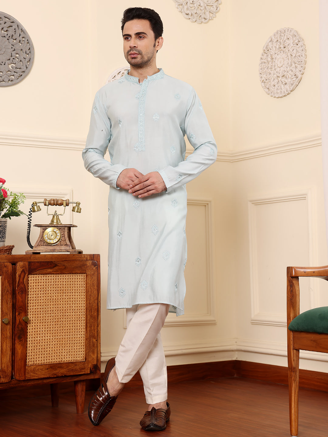 MULTI SHADES Men's Long Sleeve Light Blue Straight Viscose Silk Kurta With Embroidered Neckline Motifs And White Solid Churidar | Grocsy