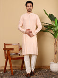 MULTI SHADES Men's Cream Straight Viscose Silk Kurta With Embroidered Neckline And Motifs,Off White Solid Trouser Style Churidar | Grocsy
