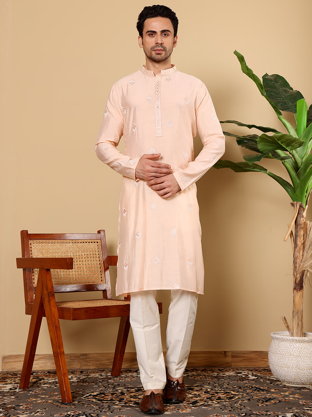MULTI SHADES Men's Cream Straight Viscose Silk Kurta With Embroidered Neckline And Motifs,Off White Solid Trouser Style Churidar | Grocsy
