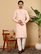 MULTI SHADES Men's Long Sleeve Mandarin Collar Cream Straight Viscose Silk Kurta With Embroidered Neckline And Motifs | Grocsy
