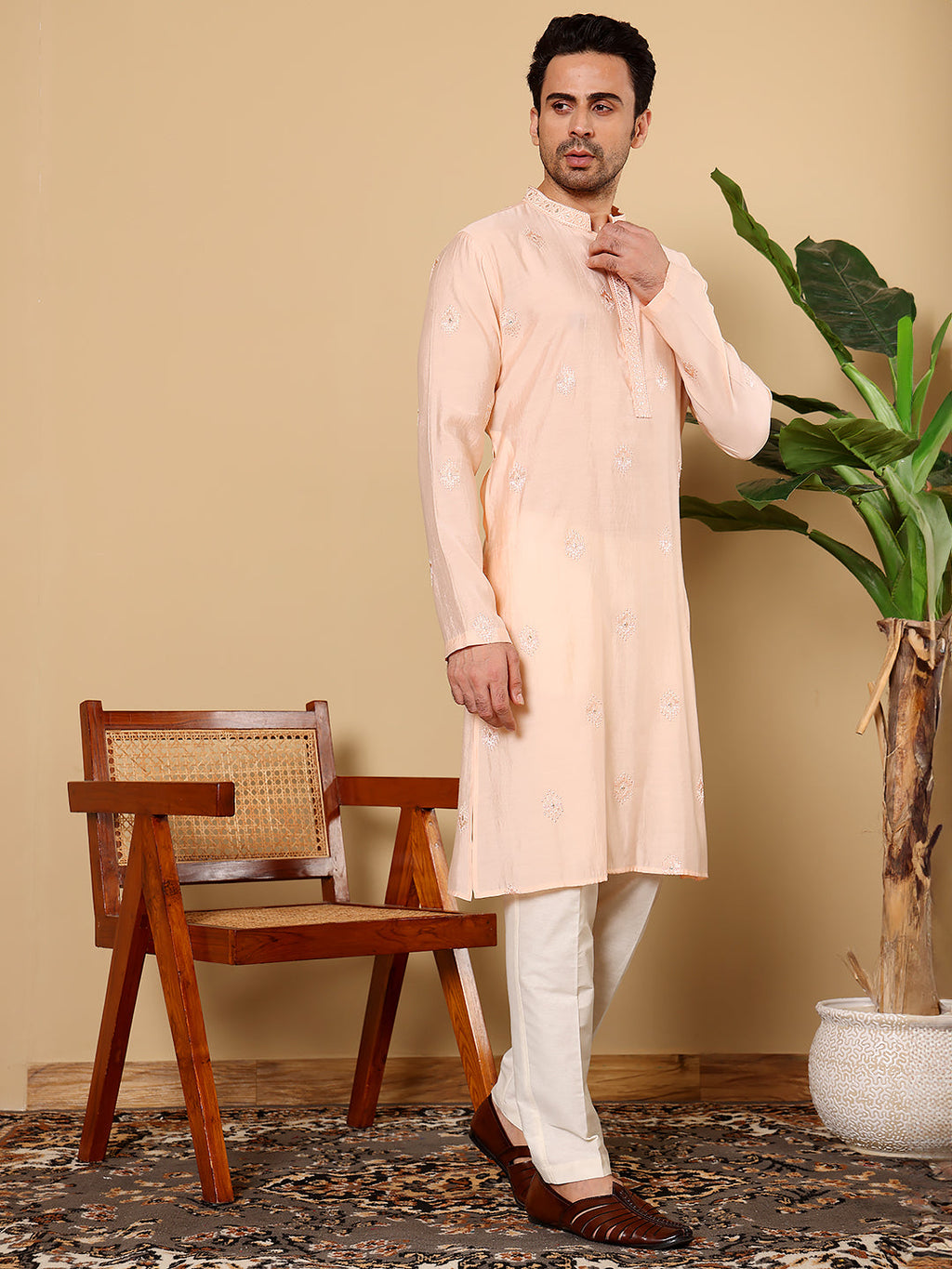 MULTI SHADES Men's Cream Straight Viscose Silk Kurta With Embroidered Neckline And Motifs,Off White Solid Trouser Style Churidar | Grocsy