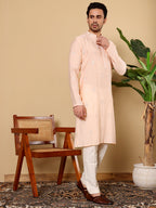 MULTI SHADES Men's Long Sleeve Mandarin Collar Cream Straight Viscose Silk Kurta With Embroidered Neckline And Motifs | Grocsy