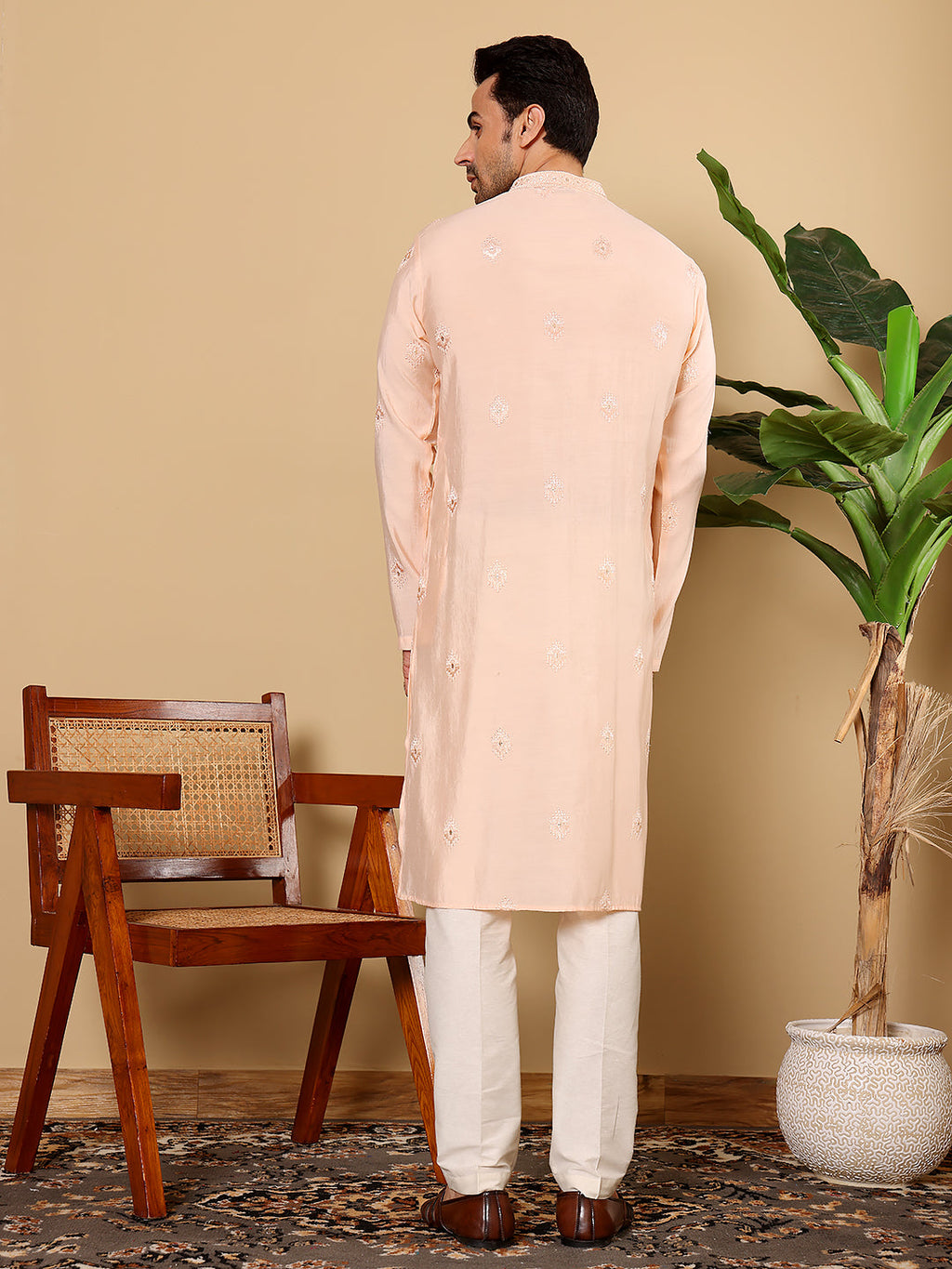 MULTI SHADES Men's Long Sleeve Mandarin Collar Cream Straight Viscose Silk Kurta With Embroidered Neckline And Motifs | Grocsy