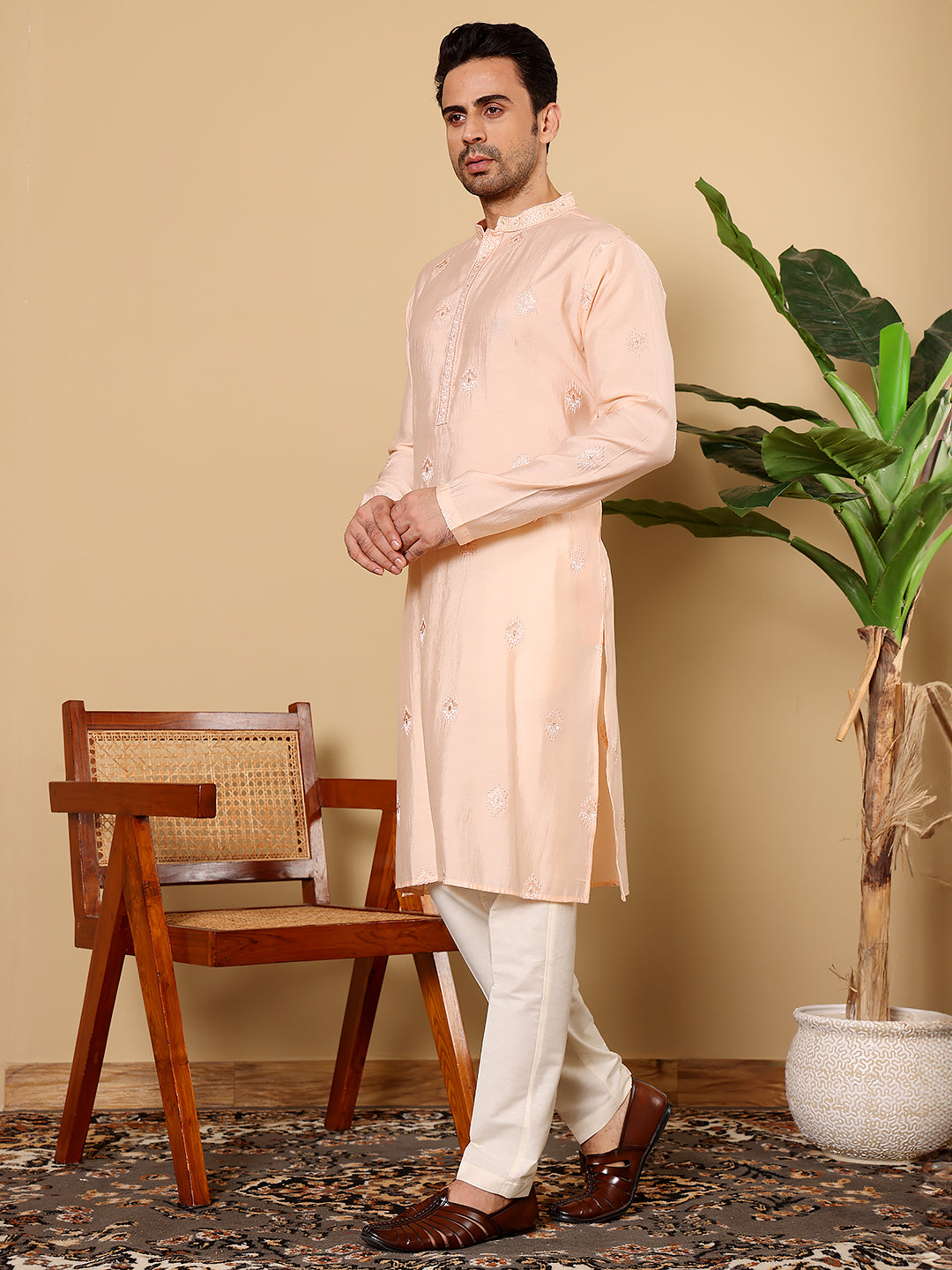 MULTI SHADES Men's Long Sleeve Mandarin Collar Cream Straight Viscose Silk Kurta With Embroidered Neckline And Motifs | Grocsy
