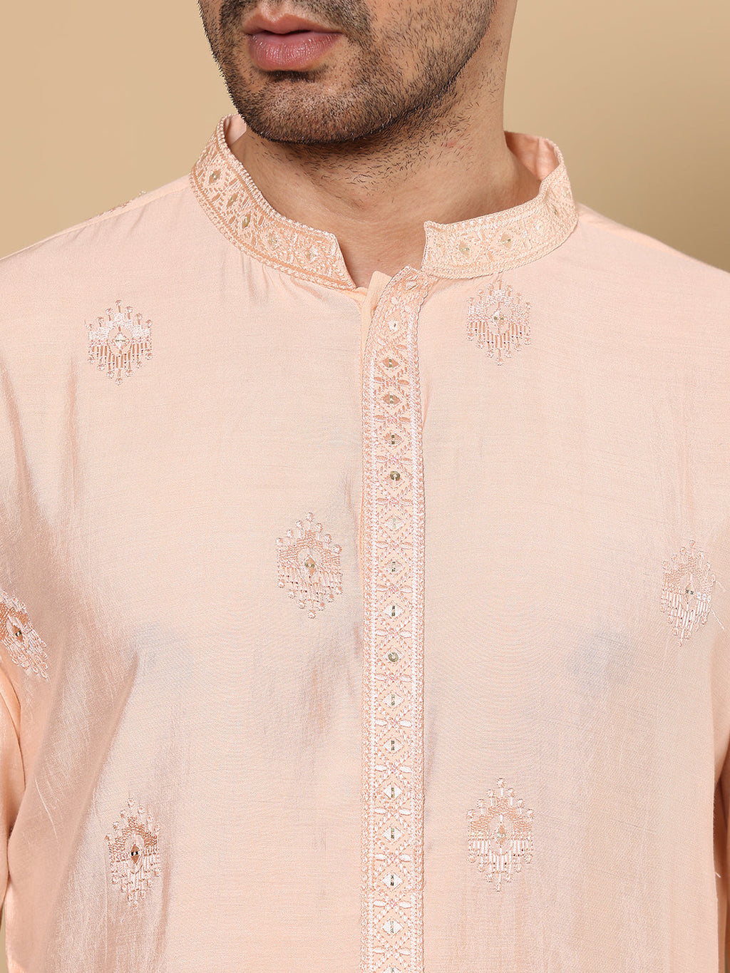 MULTI SHADES Men's Long Sleeve Mandarin Collar Cream Straight Viscose Silk Kurta With Embroidered Neckline And Motifs | Grocsy