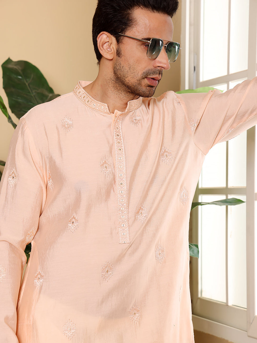 MULTI SHADES Men's Cream Straight Viscose Silk Kurta With Embroidered Neckline And Motifs,Off White Solid Trouser Style Churidar | Grocsy